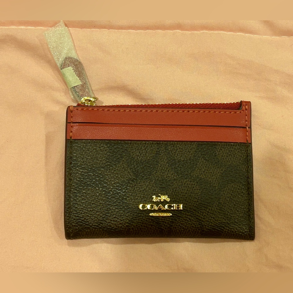 Coach Mini Skinny Brown and Red Leather ID Case